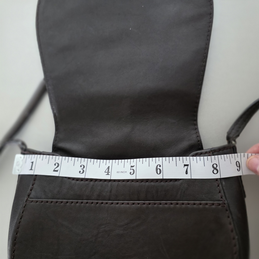 Minimal Dark Brown Leather Crossbody Saddle Bag - Pockets, Adjustable - Picture 12 of 14